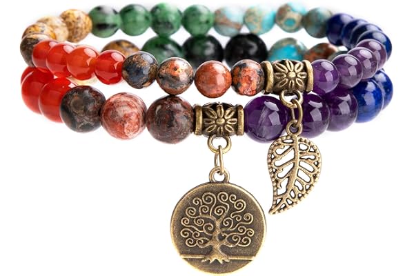 Farfume Chakra Bracelet En Pierre Naturelle - Bracelet Perles Naturelles Femme-Ensemble De Deux Bracelets Avec Accessoires Arbre De Vie Et Feuille