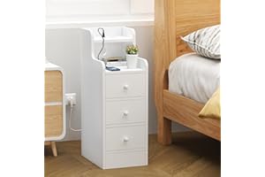 Utlenianie Comodino Stretto con Prese e Porte USB, Comodini Stretti con 3 Casset e 1 Scomparti Aperti, Tavolino Salvaspazio, Comodino Camera da Letto, 25x35x70 cm, Bianco-B