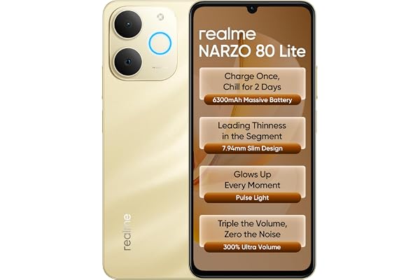 realme NARZO 80 Lite 4G (Beach Gold, 4GB+64GB) 6300mAh Segment's Biggest Battery 7.94mm Slim Design 300% Ultra Volume Pulse Light: 9 Colors, 5 Glow Modes Ai Assist