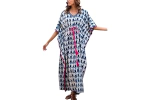 YouKD Verano Algodón Bordado Floral Flojo Caftán Boho Vestido de Bikini de Playa Bata de Talla Grande para Mujer