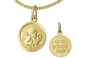 CLEVER SCHMUCK Halskette Kinder Anhänger Schutz Engel rund Ø 12 mm Rückseite Gott Schütze Dich mit Kette Panzer 40 cm Sterling Silber 925 gold-plattiert im Etui weiß