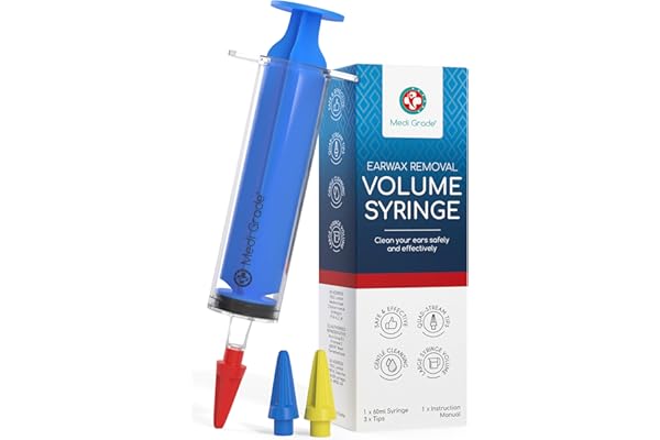 Medi Grade Kit Limpia Oídos – Limpiador de Tapones Oídos Seguro – Set Limpiador de Oídos – Con Jeringuilla Grande de 60 ml y 3x Puntas Suaves para Sacar Cera