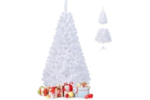 GOPLUS Sapin de Noël Artificiel Blanc 150 cm, Arbre de Nöel avec 350 Branches, Socle en Fer, Feuilles en PVC, Décoration de Noël, Idéal pour Suspendre Guirlande de Lumières et Etoile, 4 Tailles