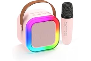 Fede Karaoke Machines for Kids Adults, Mini Karaoke Machine with 1 Wireless Microphone, Portable Bluetooth Speaker with Voice Changing Effects & LED Lights, Best Gifts Toys for Girls and Boys Pink