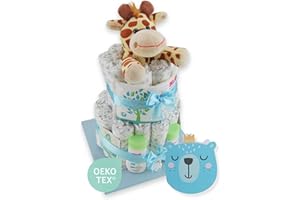 ‎WINDELTORTE Windeltorte ® – Giraffe Gross | Windeltorte in Blau - Rosa & Neutral - LILLYDOO Windeln | Geschenk zur Geburt | Taufgeschenk | Babyparty – handgefertigtes Geschenk (Blau/Junge) 2-stöckig