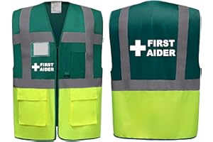BROOK HI VIS UK First Aider Superior Green/Yellow Hi Vis Zipped Safety Vest - High Visibility Waistcoat with Reflective Bands for Company Compliance First Aid & Medical Staff, Brook Hi Vis