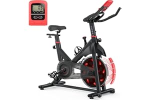 Jupgod Stationary Exercise Bike, Indoor Cycling Bike with Slient Flywheel, LCD Monitor, Comfortable Seat, Indoor Cycling Bike for Home Training Cardio, Black Red