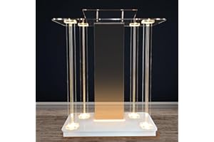 BIXUYOU 122cm Tall Acrylic Podium Stand with Wheels and RGB LED Lights for Churches - Modern Lecterns Pulpits for Church Wedding Concert Speech Classroom, Clear