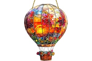 ASPUIC Hot Air Balloon Solar Garden Flat Surface Decorations,Simulation Flame Effect Sun Catchers for Windows,Garden Hanging Ornaments with Stained Glass Effect,Hanging Acrylic Solar Hot Air Balloon