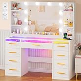 YUNSCEND Large Makeup Vanity with LED Light and Mirror, RGB Lights | Adjustable Brightness, Modern Makeup Table with Glass, S