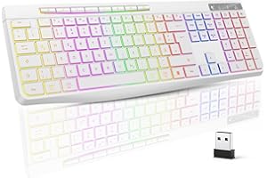 TECURS Klawiatura bezprzewodowa do gier – cicha klawiatura QWERTZ, podświetlana, ergonomiczna, wodoszczelna klawiatura LED 2,4 GHz do systemów Windows/Mac/PS4/Xbox z klawiszami multimedialnymi, biała