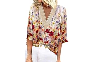 TIMEMEAN Tops Femme,Tops d'automne à Manches 3/4 pour Femmes Chemises D'Été à Col V en Dentelle Et Crochet Chemisier De Bureau Décontracté à Imprimé Floral