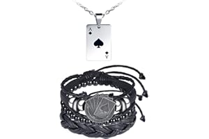 MicVivien Men's Poker Bracelet Necklace, 3pcs Bracelets Set Biker Playing Card Poker Leather Bangle Wrap Cuff Bracelet, Stainless Steel Poker Ace Pendant Necklace Jewellery for Men Father Friends