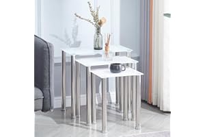 TRESBIEN Glass Nest of Tables, set of 3 Tables Side Nesting End Coffee Lamp Table Modern Sets for Home Office Living Room (White Glass, Rectangle (1-Pack))