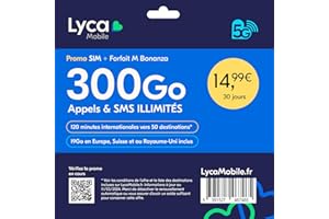 Lycamobile Carte SIM Prépayée France | Forfait M avec 300Go Internet 5G | Appels & SMS Illimités | 19Go en Europe, Suisse & Royaume-Uni | Renouvelable après 30 Jours - sans Engagement