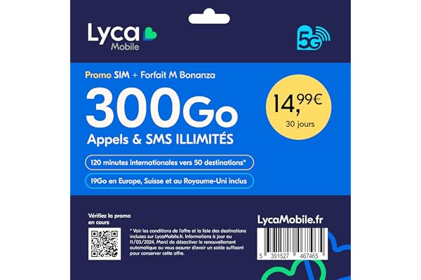 Lycamobile Carte SIM Prépayée France | Forfait M avec 300Go Internet 5G | Appels & SMS Illimités | 19Go en Europe, Suisse & Royaume-Uni | Renouvelable après 30 Jours - sans Engagement