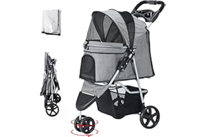 LPOTIUS Hundewagen 15 Kg Haustier Buggy Hund Katze Klappbar Hundebuggy 3 Räder Haustiere Buggy mit Netzfenstern & Regenschutzabdeckung Haustier Kinderwagen Hundebox für kleine Hunde Katzen (Grau)