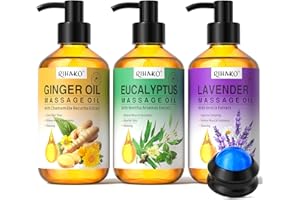 RIHAKO Massage Oil Set for Massage Therapy,Lymphatic Drainage Ginger Oil, Lavender Oil, Sore Muscle Eucalyptus Massage Oils &Massage Ball for Date Night, 3x100ml