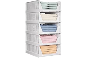 TidyIsles Wardrobe Storage Organiser - 5 Pack Folding Closet Organisers, Stackable Storage Boxes, Plastic Drawer Organiser Basket for Bedroom Kitchen Bathroom White