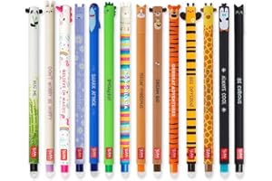 LEGAMI - Lot de 14 stylos gel effaçables avec encre thermosensible, gamme de couleurs d'encre et motifs de baril, pointe de 0,7 mm, motifs animaux, panda, lapin, licorne, etc