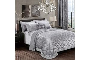 SSP Luxurious 3 Piece Quilted Crushed Velvet Bedspread/Bed Throw with Pillow Shams Santiago Silver Grey Super King
