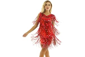 Agoky Vestido de Baile Latino Flecos para Mujer Vestido de Danza Tango Rumba Lentejuelas Traje de Baile Salsa Samba Disfraz de Bailarina Fiesta