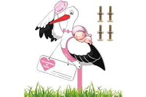 RWBIMTI Storch Geburt für Draussen Mädchen, Baby Storch Geburt, Rosa Holzstorch Klapperstorch zur Geburt Draußen, Geburtsstorch Beidseitig Bedruckt inkl Holzstab und Namensschild mit Grußkarte (A Pink)