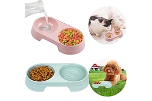 CAKEFLY 2Pcs Double Cat Bowls Plastic Puppy Cat Food and Water Bowls Set Multi-purpose Cat Dog Food Bowls Kittens Feeder Bowl Dog Water Drinking Feeder for Pet Small Animal (Pink+Light Blue)