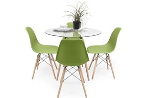 SENSACION DE HOGAR HOMELY MUEBLES DECORACION DESCANSO Homely - Conjunto de Comedor Nordic Cristal 100 Mesa de Cristal Redonda de 100 cm y 4 sillas nórdicas (Verde)