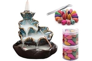 Backflow Räucherstäbchenhalter Rückfluss Räuchergefäß,Guador Handgemachte Wasserfall Räucherstäbchen Halter mit 80 Pcs Multi Aromatisierte Rückfluss Räucherkegel und Edelstahl Pinzette(Lotus)