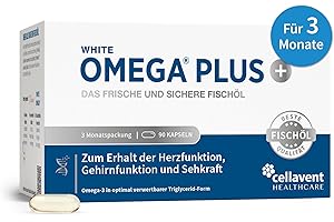 ‎WHITE OMEGA Omega 3 Kapseln hochdosiert - 1 Kapsel täglich liefert 800 mg Omega-3 (400 mg EPA & 300 mg DHA) - einzeln geschützt für Frische & Stabilität - Fischöl in Triglycerid-Form - 3 Monate