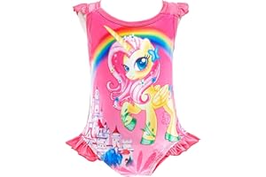 Lito Angels Traje de baño de Unicornio para niñas pequeñas, una Pieza de un Hombro, Fiesta natación de Verano, Rosa Caliente