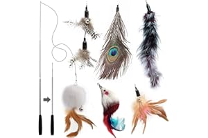 MAIYADUO Giocattolo Gatto Piuma, 5 PCS Assortiti Piuma Cat Giocattolo Interattivo Retrattile Bacchetta Rod con 5 PCS Feather Teaser Cat Catcher - Perfetto Teaser per l'esercitazione Gattino e Gatto