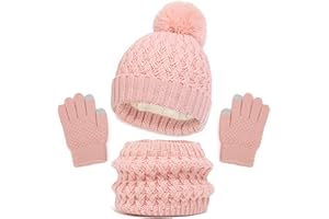Bekecidi Ensemble de Bonnet Écharpe Gants pour Enfants, Hiver Bonnet Tricoté Tour de Cou Chaud Gants Bonnet Tricoté Snood Gants à écranTactiles pour Filles et Garçons 2-8 Ans