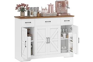 HOMCOM Aparador de Cocina Rústico, Armario de Cocina con 4 Estantes de Puerta, 3 Cajones, Estantes Ajustables, Puerta con Cierre Suave, Mueble de TV para 48-55 Pulgadas, 120x38x87 cm, Blanco y Nogal