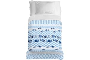 PENSIERI DELICATI Telo Copriletto 170 x 280 cm, Telo Singolo 100% Cotone Pique, Ideale Come Telo Arredo, Coperta Salva Letto 1 Piazza, Fantasia Pesci Blu, 100% Made in Italy