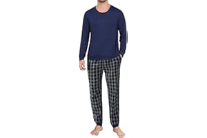 Ekouaer Herren Schlafanzug Lang Pyjama Langarm Winter Nachtwäsche Schlafanzüge für Männer Zweiteiliger Sleepwear mit Bündchen und Taschen S-3XL