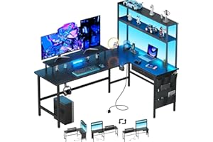 HLFURNIEU Mesa Gaming LED 150 x 100 cm, Escritorio Esquinero con Enchufes y Puertos USB, Escritorio Gaming en L con Cajón & Bolsa de Almacenamiento, Mesa Ordenador con Soporte para Monitor, Negro