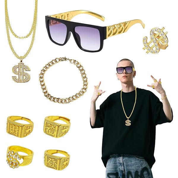UYUYong Kit de Costume Hip Hop Déguisement Année 80 Lunettes de Soleil | Soleil Bague Chaîne de Dollar or Bracelets Accessoires de Rappeur des Années 80/90 Convient pour Concerts Rap Carnaval