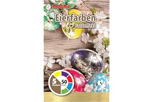 Metma B-593 - Eierfarben mit Goldeffekt, flüssig, 5 Stück, Gelb, Lila, Rot, Blau, Grün, Schellack, mit Handschuh, Gold-Folie, für ca. 50 Ostereier, Ostern