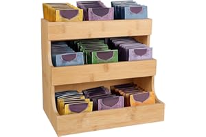 Healeved Wooden Tea Bag Holder - 3 Tier Tea Box Organizer, Natural Solid Wood, Tea Bag Organiser for Tea Bag Storage, Coffee Capsules, Sugar Packets