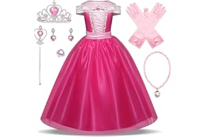 New front Disfraz Niña Princesa Aurora Vestido La Bella Durmiente Navidad Cumpleaños Largo Costume Diadema Varita Mágica Guantes Collar Traje Regalo Halloween Carnaval 3-8 Años