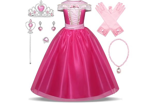 New front Fille La Belle au Bois Dormant Robe de Princesse Aurore Accessoires Baguette Couronne Bague Collier Déguisement Tulle Maxi Noël Carnaval Halloween Cosplay Robe de Soirée, Rose, 140