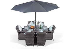 GIARDINO Arizona Luxury Rattan Dining Set | Rectangle 6 Seater Grey Rattan Dining Set | Outdoor Poly Rattan Garden Table & Chairs Set | Patio Conservatory Wicker Garden Dining Furniture with Parasol & Cover