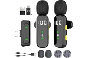 PEHYRIUM Wireless Lavalier Microphone with LED Display, Mini Lapel Mic，Wireless Microphone for iPhone,Android, iPad, for Video Recording, Streaming, Interview, Vlog,Tiktok,Youtube