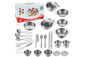 GIOTUK 25Pcs Kids Kitchen Playset – Stainless Steel Pretend Cooking Toys for Toddlers, Mini Pots, Pans, Utensils & Food Cutting Toys – Educational Role Play Gift for Ages 3-7