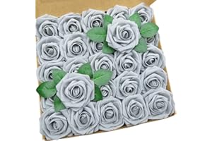 Ancokig 25 Piezas Flores Rosas Artificiales Espuma Rosa Falsa con Tallos para Boda Nupcial Ramos Centros de Mesa Preparativos Partido Hogar Decoración (Gris)