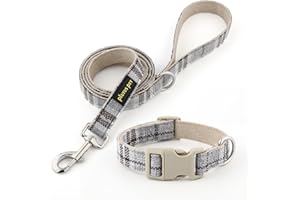 Plutus Pet Cotton Hemp Dog Collar and Leash Set, Adjustable Collar for Small, Medium, and Large Dogs, Heavy Duty and Soft on Skin, Gray Plaid, XS