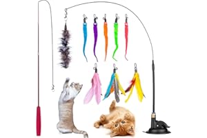 GOHHME Giochi con Piume per Gatto, 12pcs Giocattolo per Gatti, Canna da Pesca, 1 Bacchetta per Gatti, 9 Molle di Ricambio con campanelli, 1 Bacchetta per Gatti per Ventosa e 1 Ventosa per Gattino