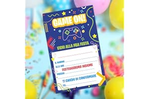 PRINTSERVIS 20 Inviti per FESTA di COMPLEANNO con Busta, Stampa su cartoncino Premium, Grafica e Stampa Sorprendente, Eleganti e facile da compilare (Invito Video Giochi)